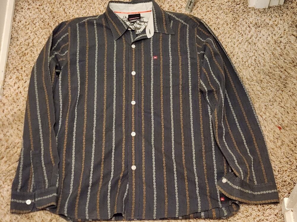 Vintage Quiksilver Long Sleeve Shirt Men's XL Gray Woven Filigree Stripe Y2K
